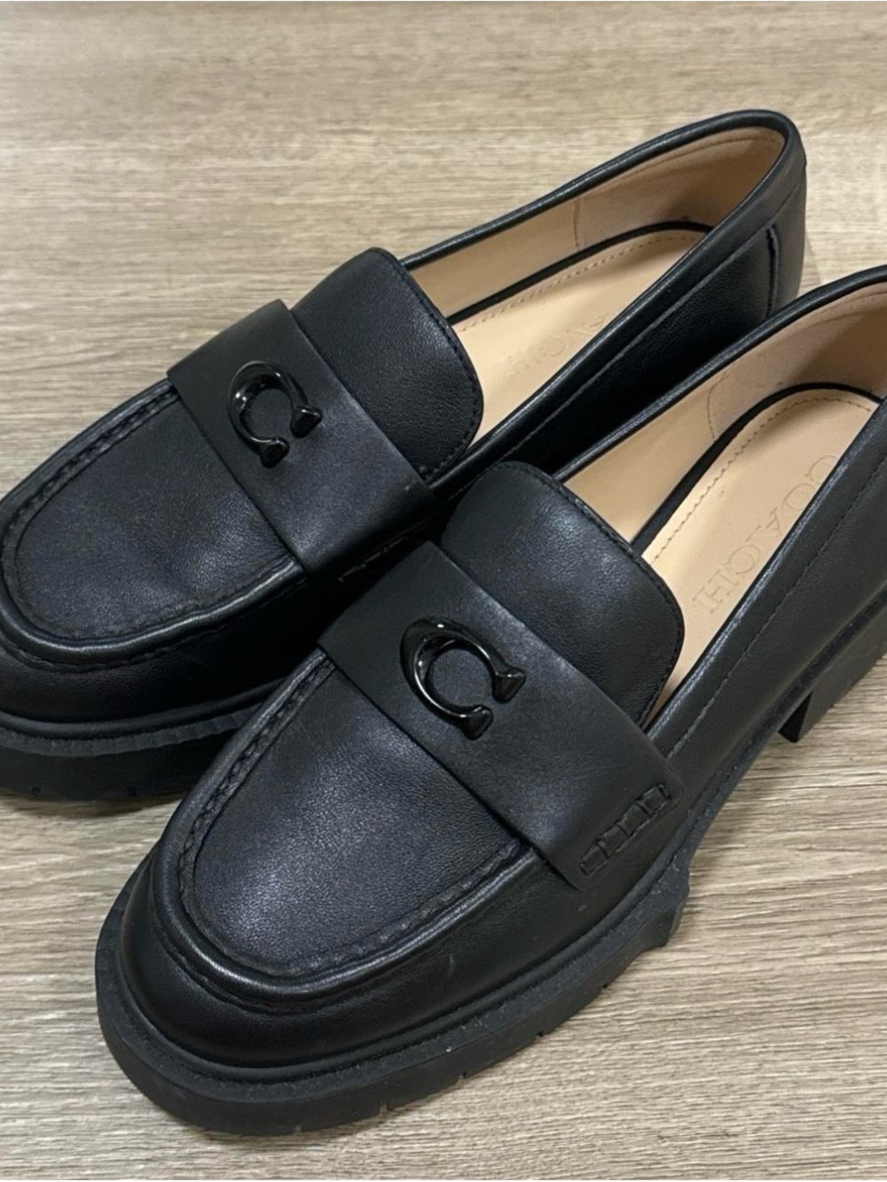 Coach Black Leather Lug-Sole Loafers with Signature Hardware - Picture 6 of 7